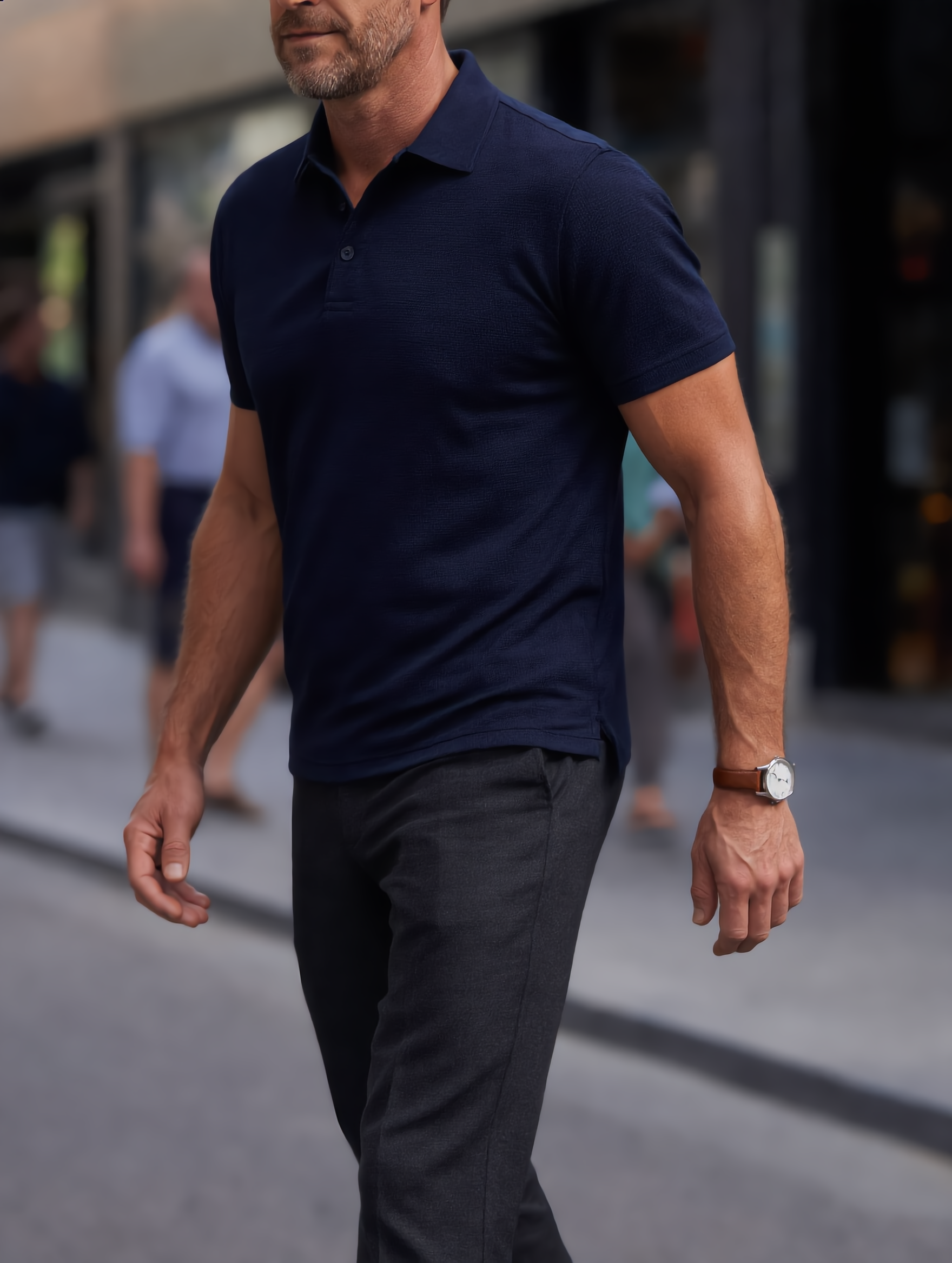 Man in navy Uniform Polo on a city street